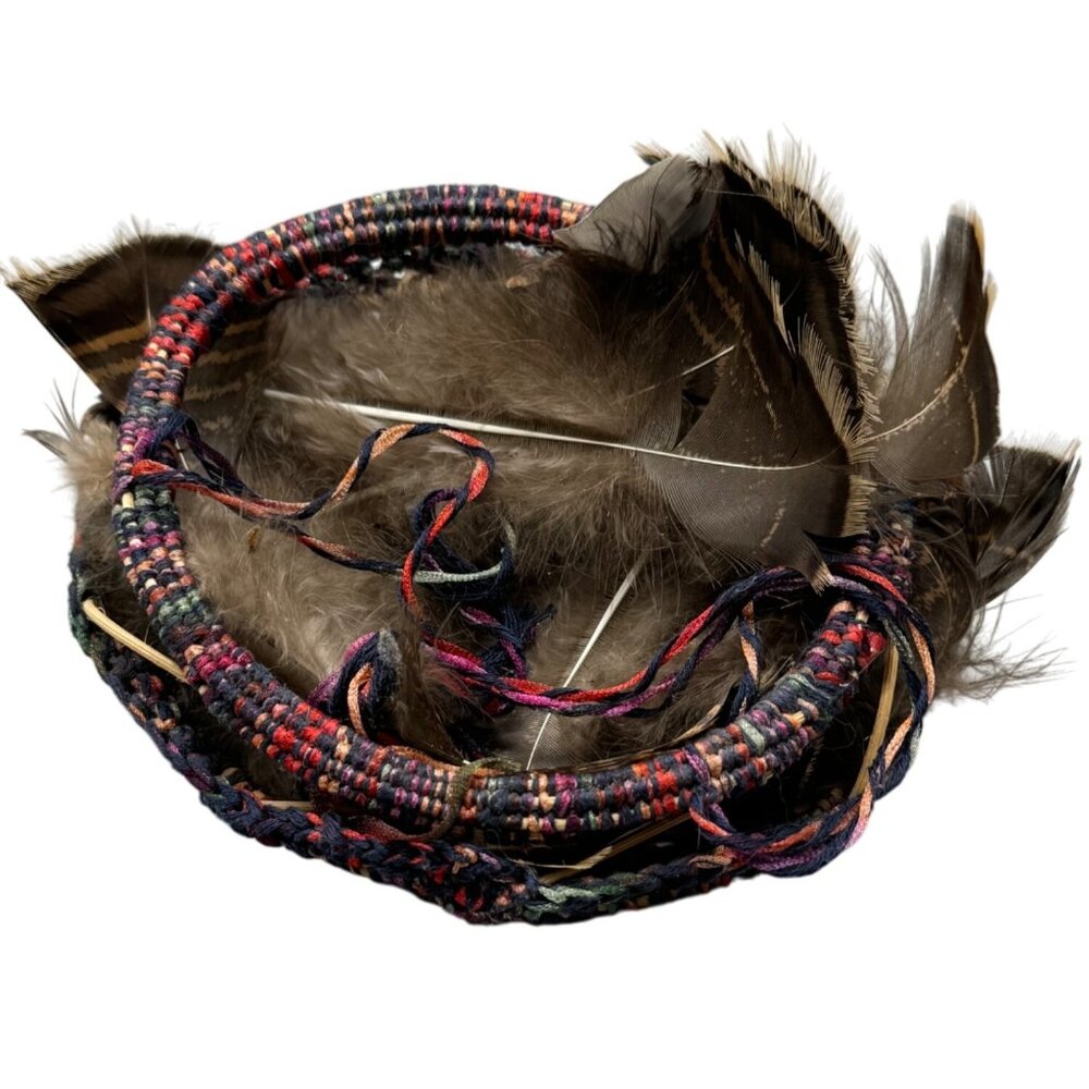 Handwoven Feather Hanging Basket Multicolor Yarn & Natural Feathers Used READ